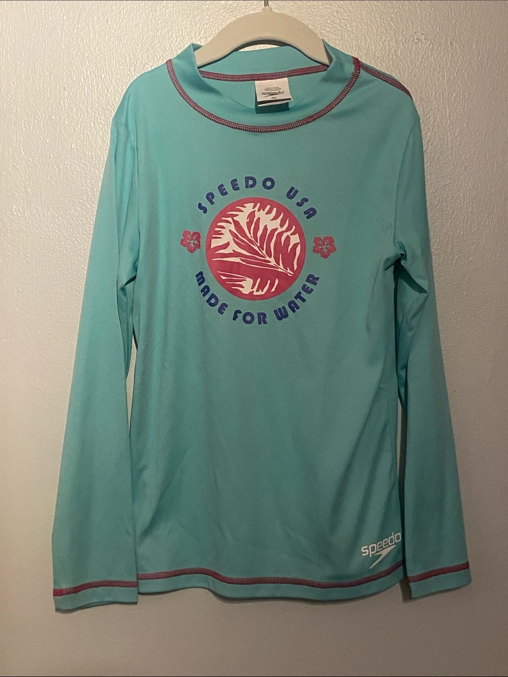 Speedo Teal Long Sleeve Swim Shirt with Pink Graphic like new youth XS
